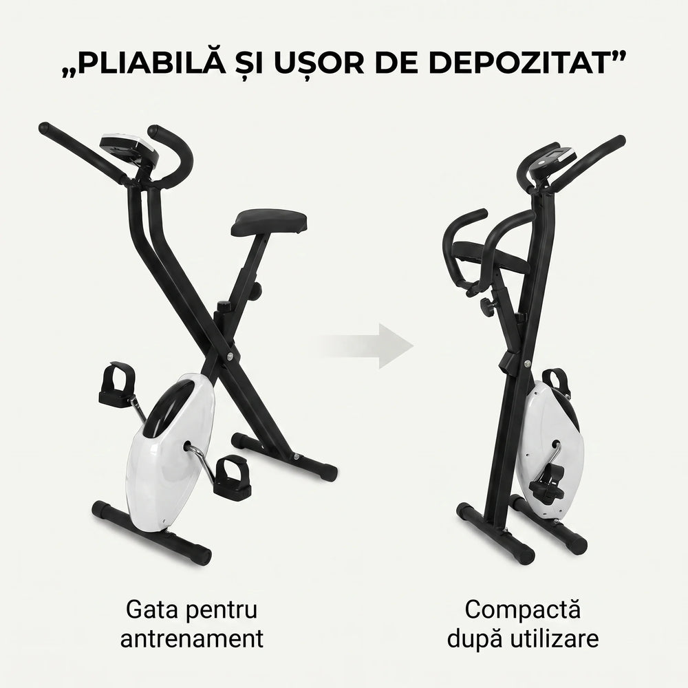 Bicicletă fitness pliabilă cu ecran digital, în negru și alb