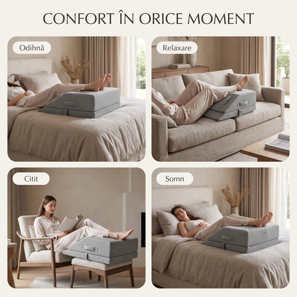 Perna ortopedica ridicare picioare memory foam, inaltime reglabila, husa Tencel, Gri