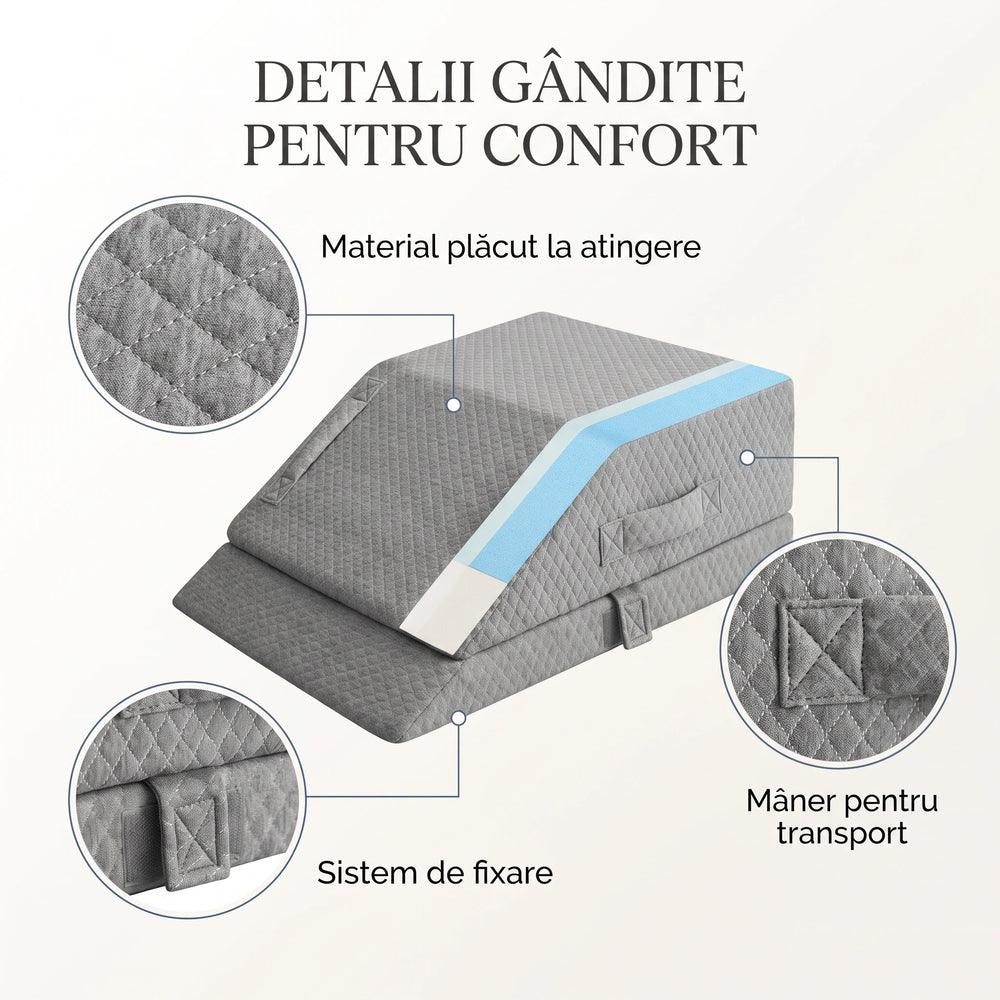 Perna ortopedica ridicare picioare memory foam, inaltime reglabila, husa Tencel, Gri