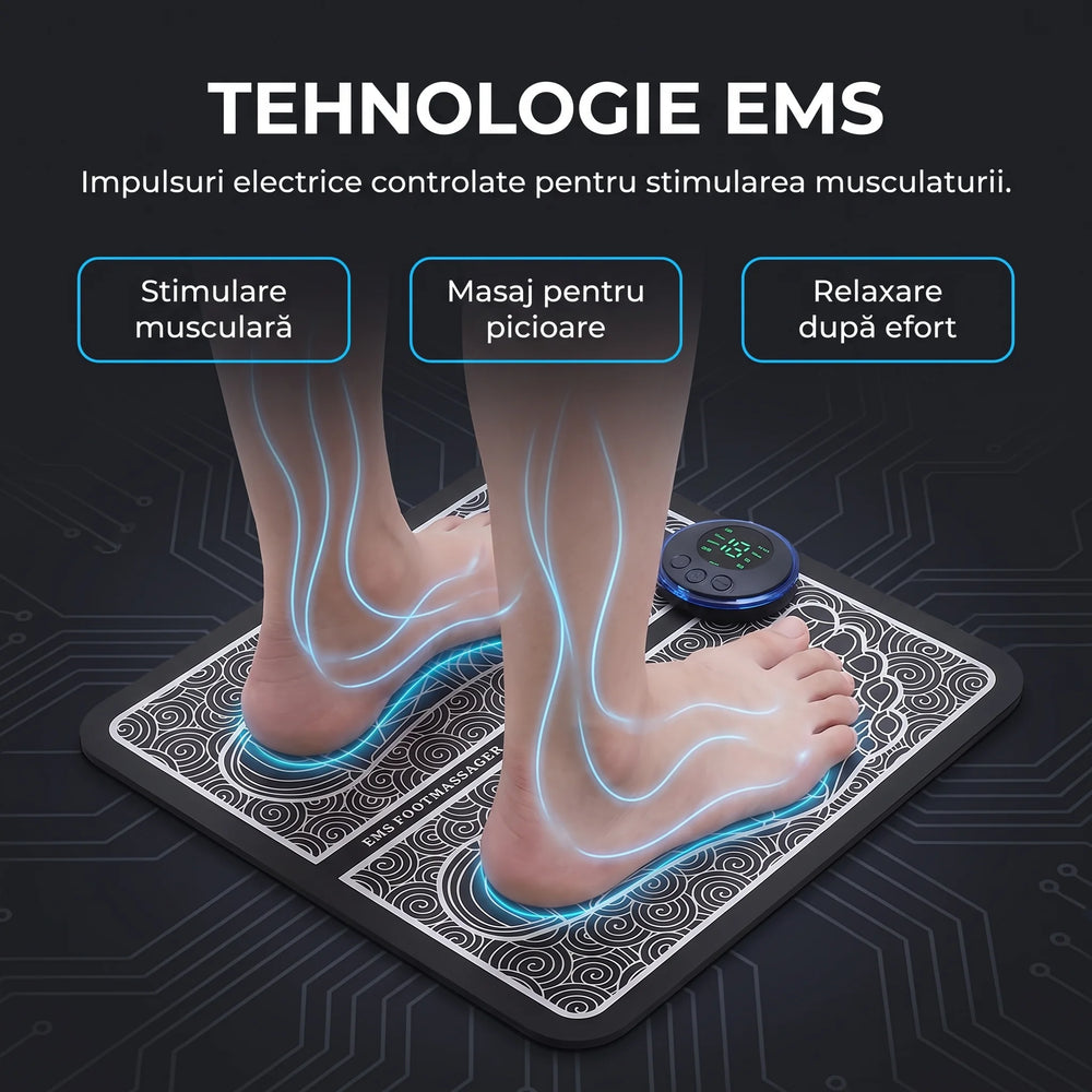 Covoraș de masaj picioare cu electrostimulare EMS, în negru