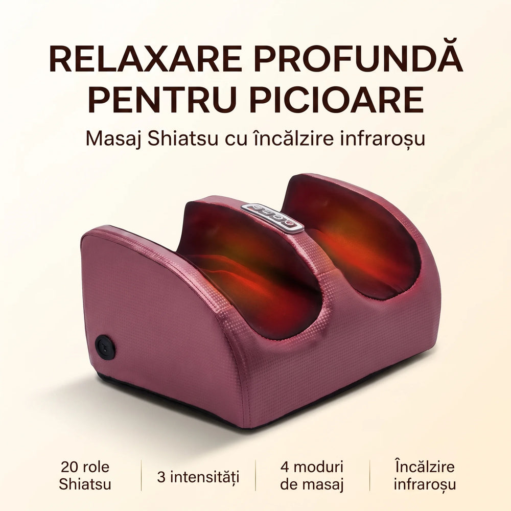Aparat de masaj Shiatsu pentru picioare cu 20 de role, în vișiniu