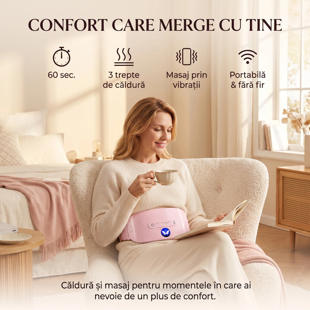 Centura cu masaj si incalzire pentru zona lombara si menstruala, 3 trepte, portabila, Roz