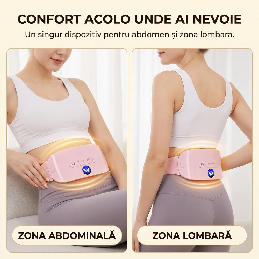 Centura cu masaj si incalzire pentru zona lombara si menstruala, 3 trepte, portabila, Roz