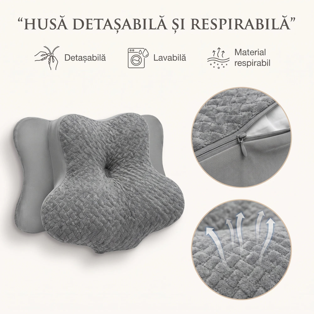 Perna cervicala ortopedica memory foam cu strat reglabil 2 cm, husa Tencel, Gri