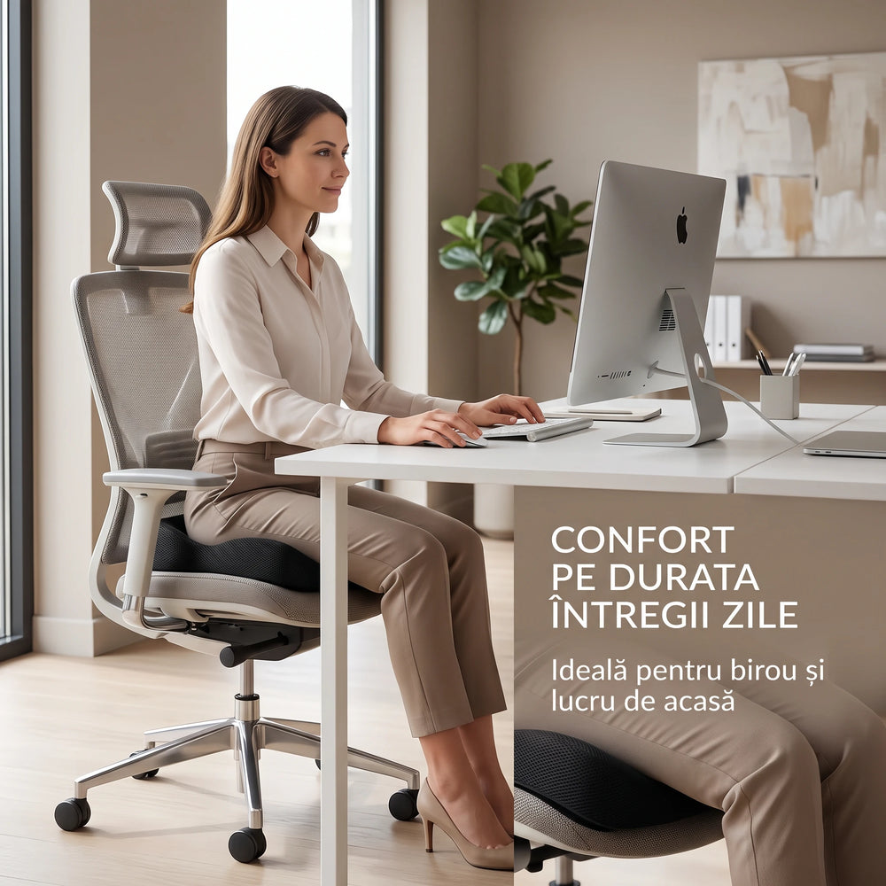 Perna ortopedica sezut memory foam cu gel si orificii de ventilatie, fermitate extra, Negru