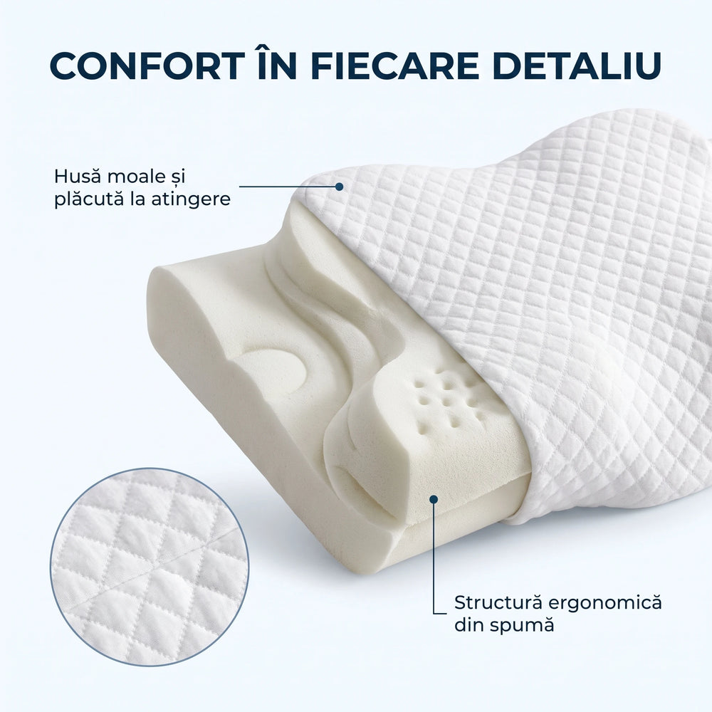 Perna cervicala ortopedica CERVI-SAN Memory Plus, doua inaltimi si suport brate, husa Tencel