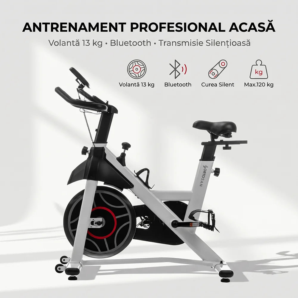 Bicicleta spinning SAN301 albă cu conexiune Bluetooth