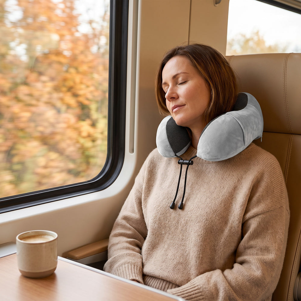 Femeie care doarme in tren cu perna de calatorie 3D la gat