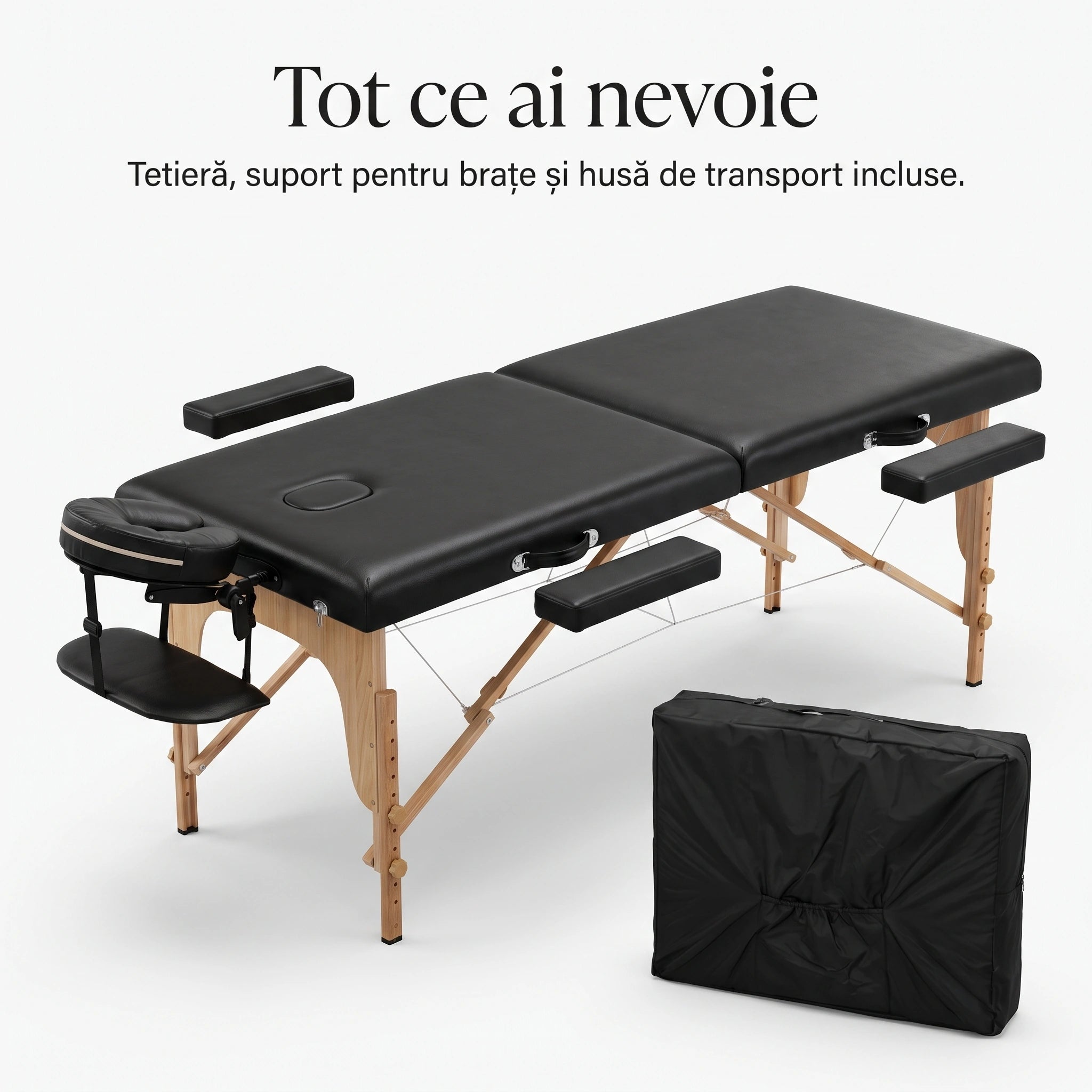 Masa de masaj profesionala pliabila cu tetiera reglabila, husa transport, Negru – imaginea 5
