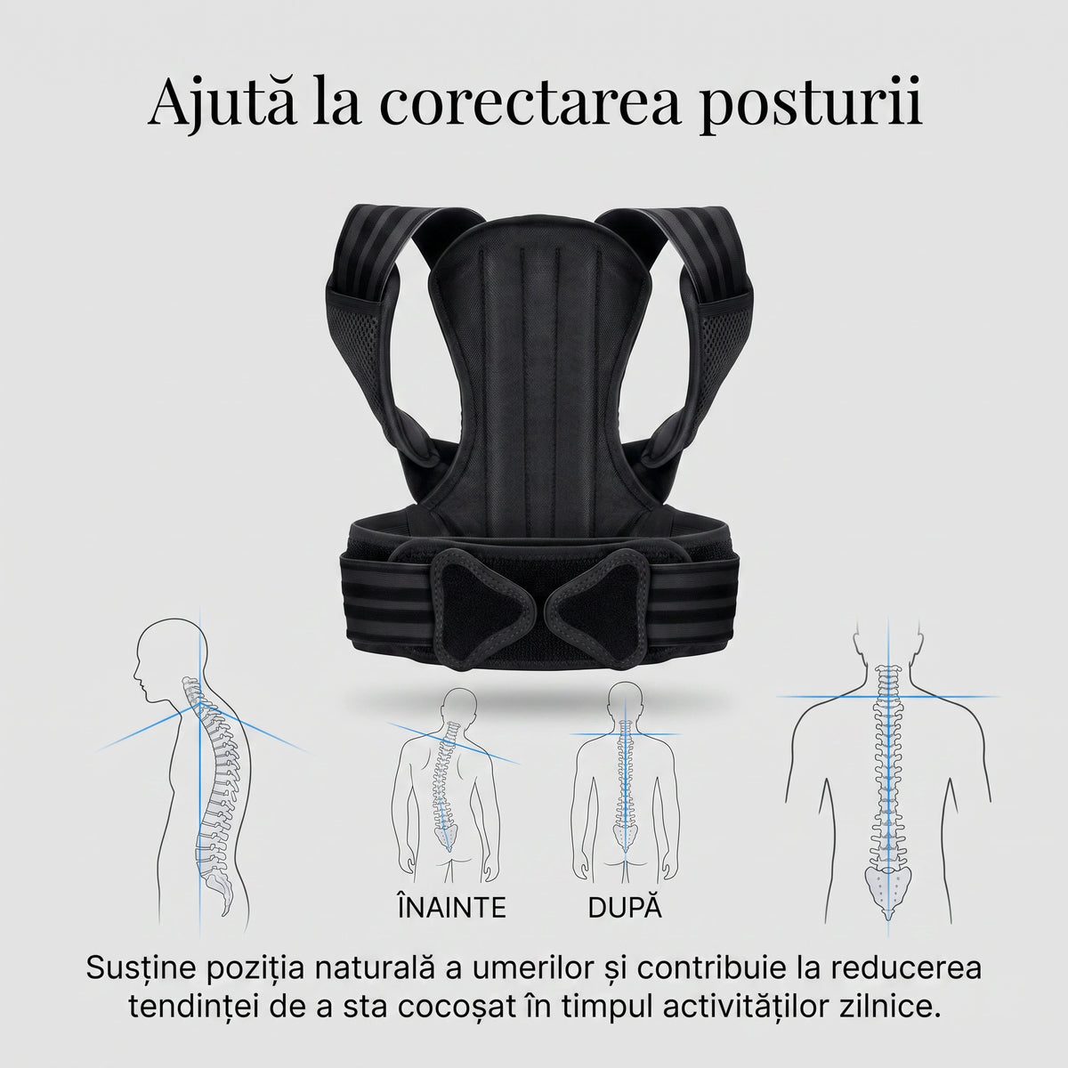 Corset corector postura spate si umeri, cu atele rigide si bretele reglabile, Unisex, Negru – imaginea 2
