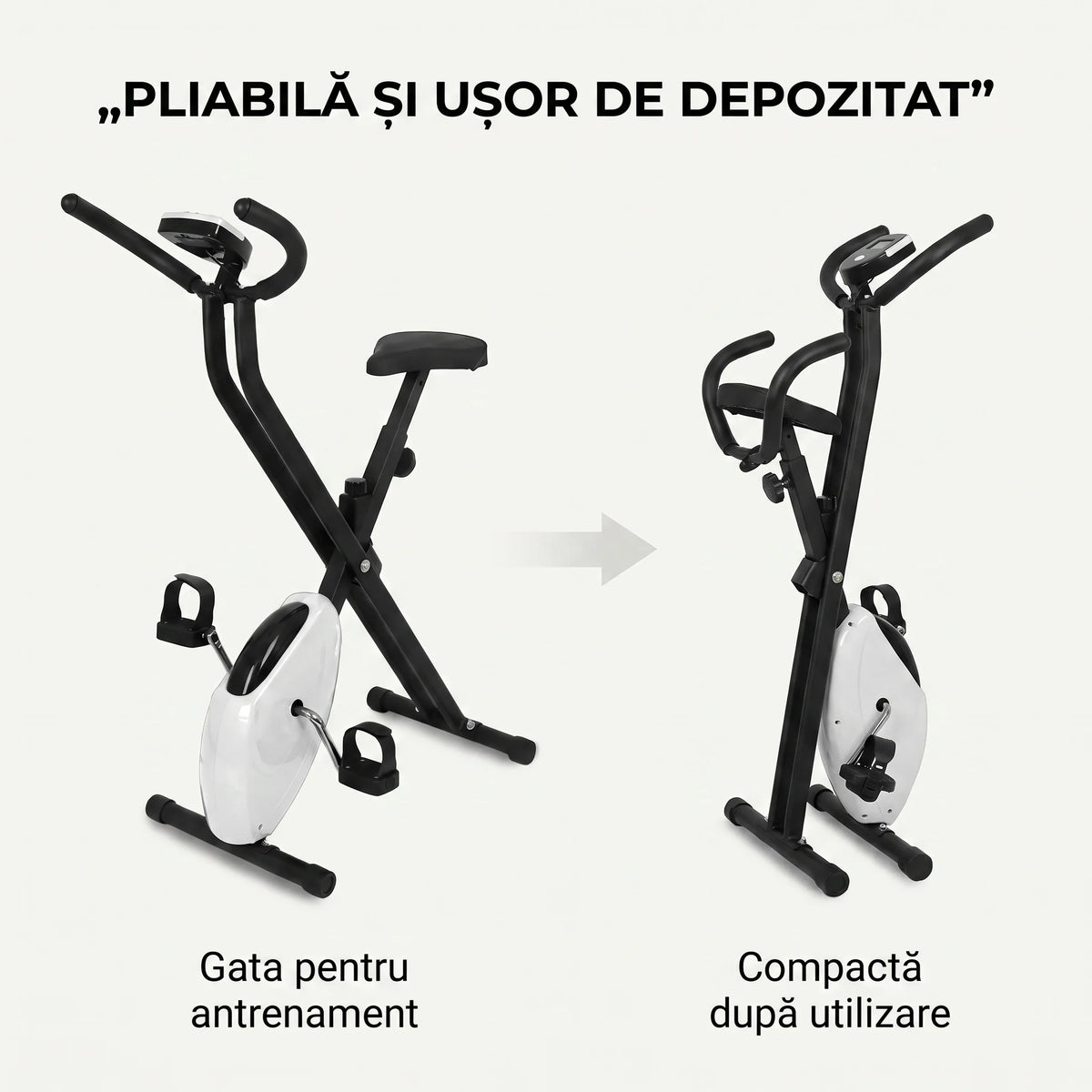 Bicicletă fitness pliabilă cu ecran digital, în negru și alb