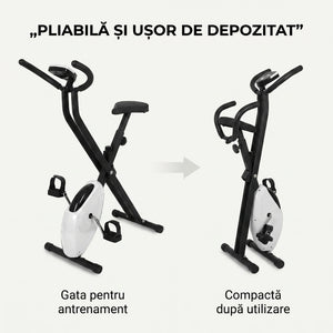Bicicletă fitness pliabilă cu ecran digital, în negru și alb