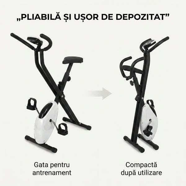 Bicicletă fitness pliabilă cu ecran digital, în negru și alb