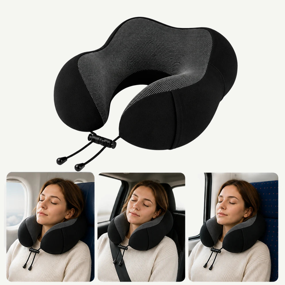 Pernă de călătorie cervicală din memory foam, neagră cu gri