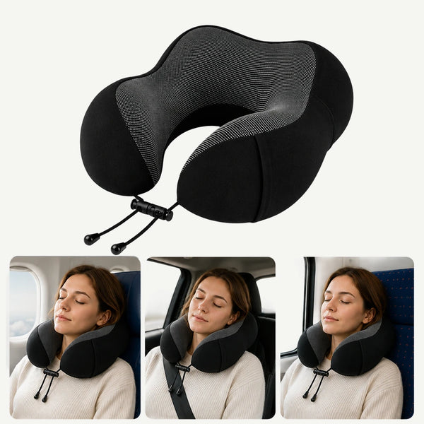 Pernă de călătorie cervicală din memory foam, neagră cu gri