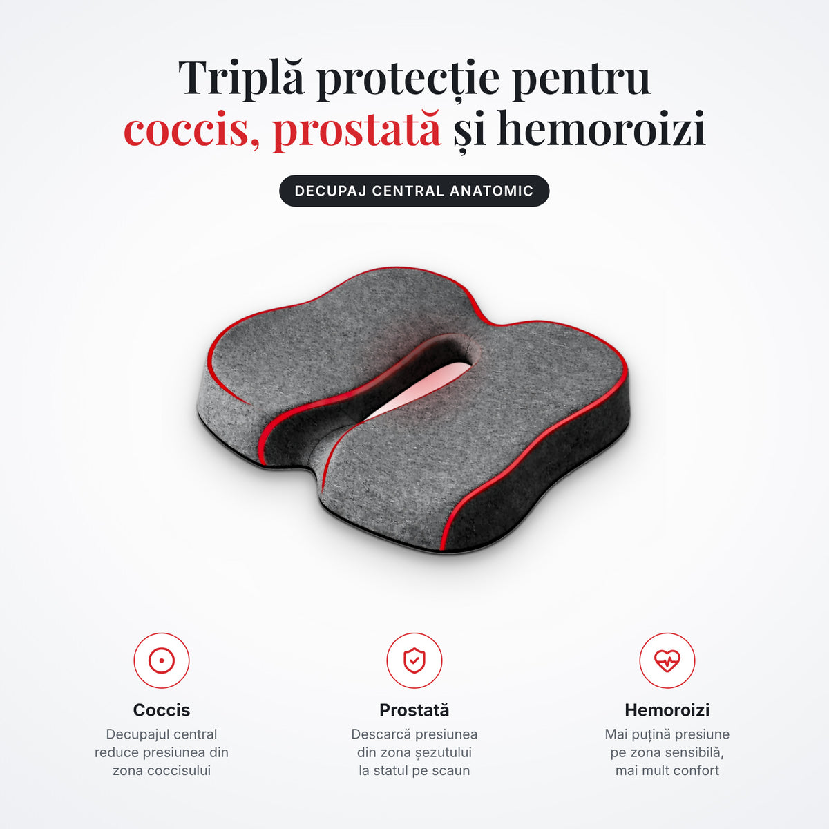 Triplă protecție pentru coccis, prostată și hemoroizi – decupaj central anatomic
