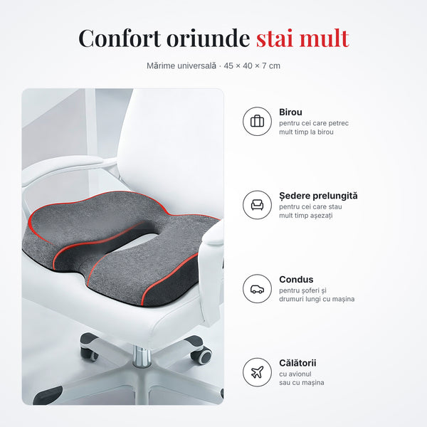 Pernă de șezut pentru birou, ședere prelungită, condus și călătorii