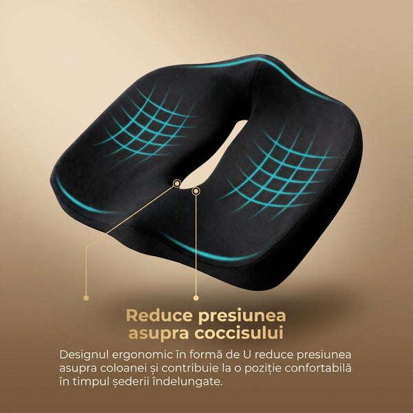 Perna ortopedica sezut memory foam ORTO COCCIS, husa mesh 3D, Negru – imaginea 2