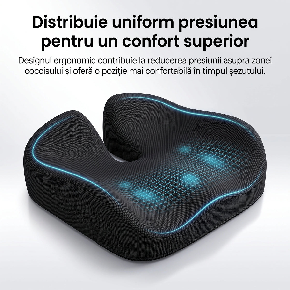 Perna ortopedica sezut memory foam ORTO COCCIS Plus, husa mesh 3D, Negru – imaginea 2