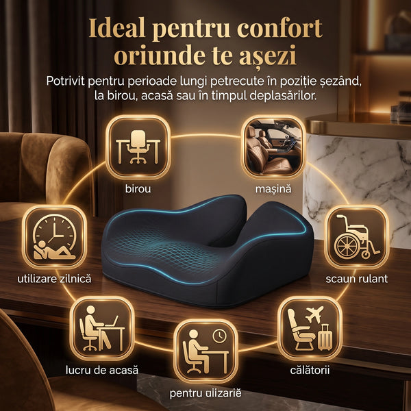 Perna ortopedica sezut memory foam ORTO COCCIS Plus, husa mesh 3D, Negru – imaginea 6