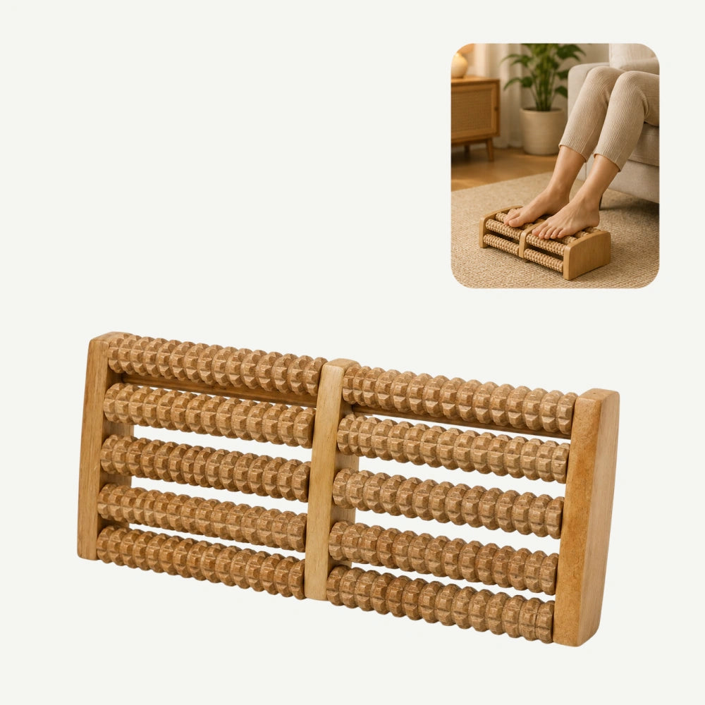 Rola de masaj prin presopunctura pentru picioare, material lemn, 10 role, 26,5 x 12 cm