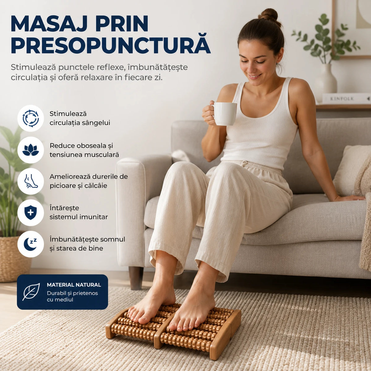 Rola de masaj cu presopunctură pentru tălpi, din lemn