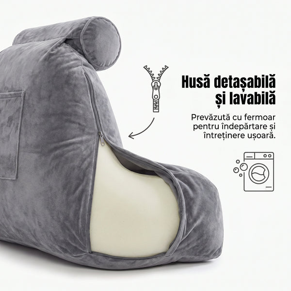 Perna pentru citit, cu brate, perna de odihna, spuma moale cu memorie maruntita, husa moale de catifea, cu fermoar, lavabila, GRI – imaginea 6