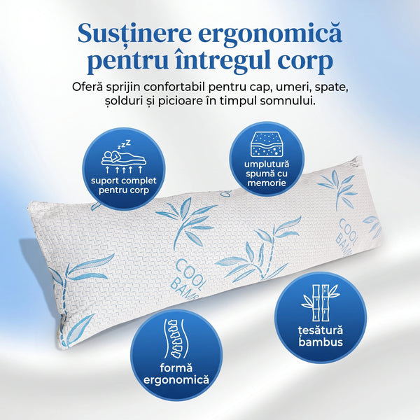 Perna corp memory foam cu husa bambus efect racire, 40×110 cm, Alb/Verde – imaginea 2