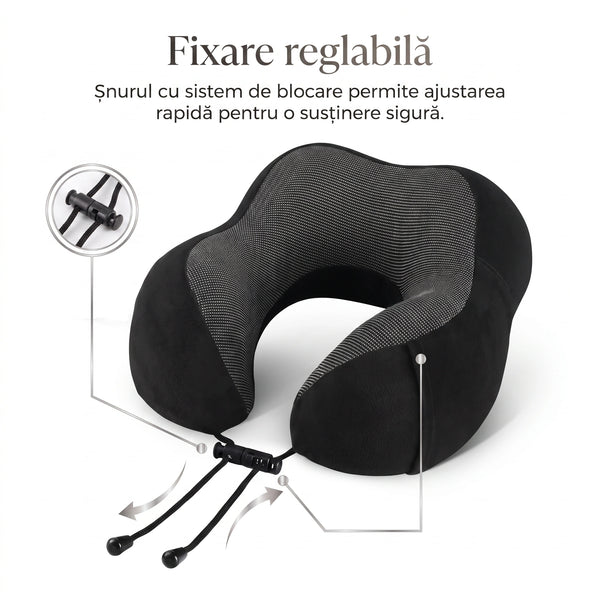 Perna de calatorie cervicala (gat) memory foam, husa catifea, Negru/Gri – imaginea 6