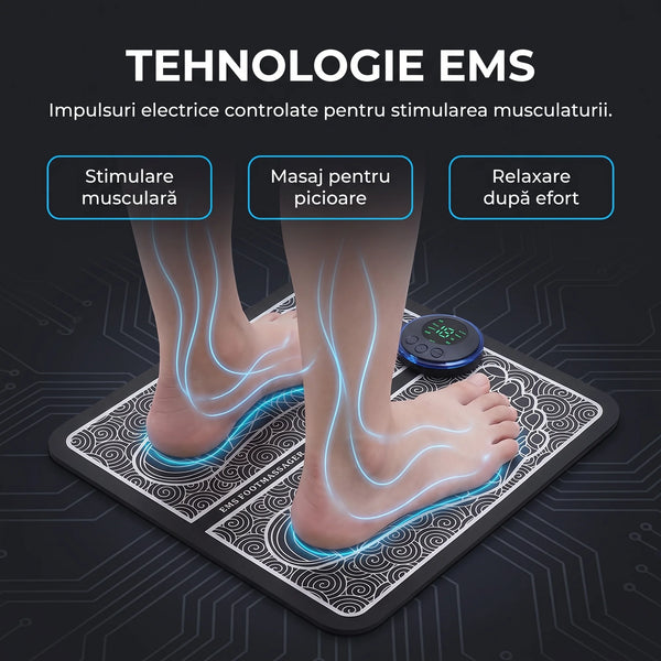 Covoraș de masaj picioare cu electrostimulare EMS, în negru