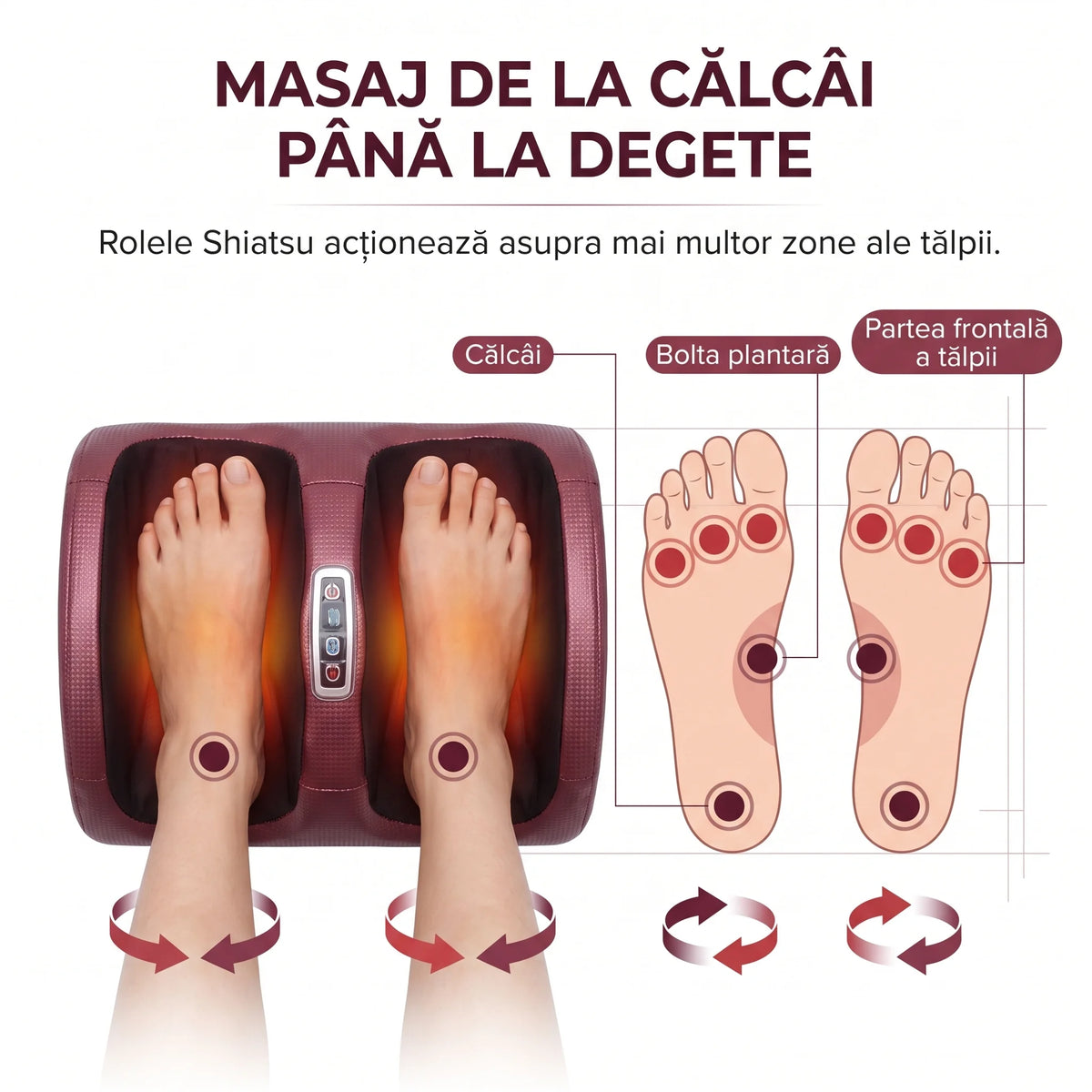 Aparat masaj picioare Shiatsu cu 20 role, vișiniu, imaginea 6