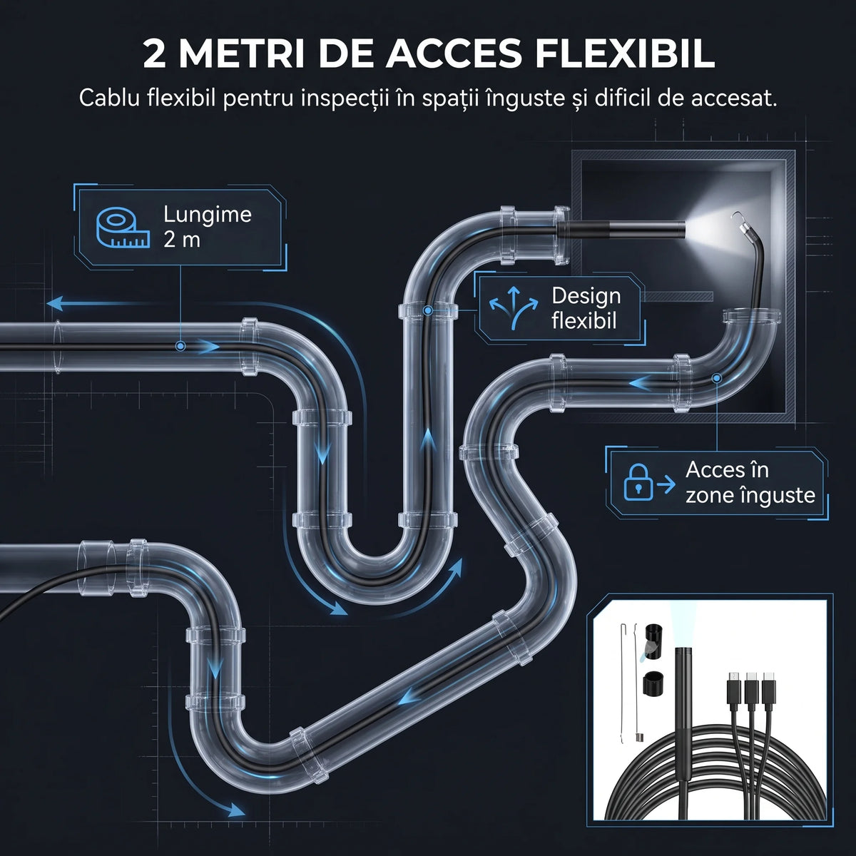 Cameră endoscopică tip șarpe cu 6 LED-uri, imaginea 5