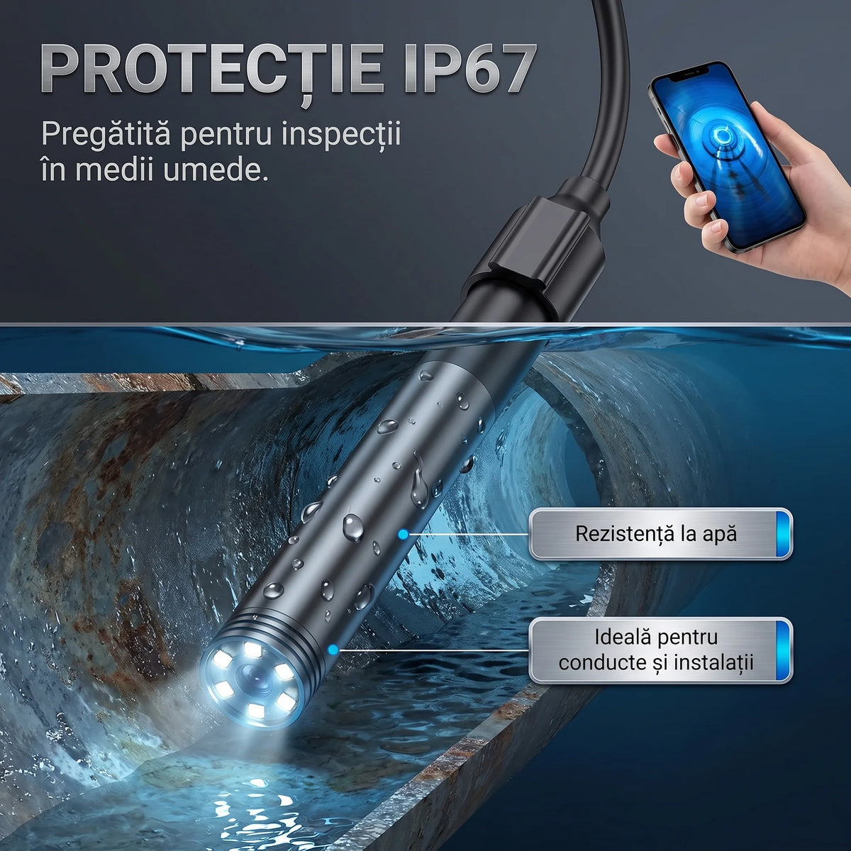 Cameră endoscopică tip șarpe cu 6 LED-uri, imaginea 6