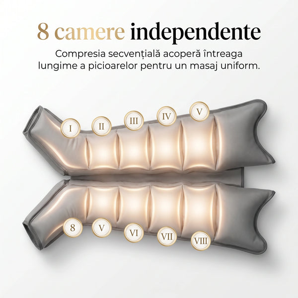 Aparat masaj pentru picioare, masaj compresie aer, presoterapie, Drenaj Limfatic, 6 moduri masaj, 8 camere, 8 niveluri, control telecomanda – imaginea 3