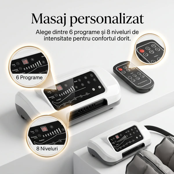 Aparat masaj pentru picioare, masaj compresie aer, presoterapie, Drenaj Limfatic, 6 moduri masaj, 8 camere, 8 niveluri, control telecomanda – imaginea 4
