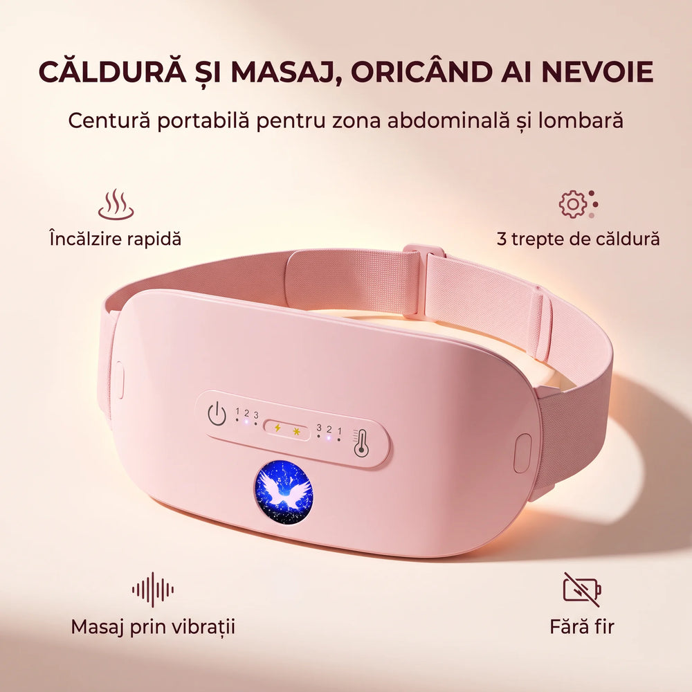 Centura cu masaj si incalzire pentru zona lombara si menstruala, 3 trepte, portabila, Roz
