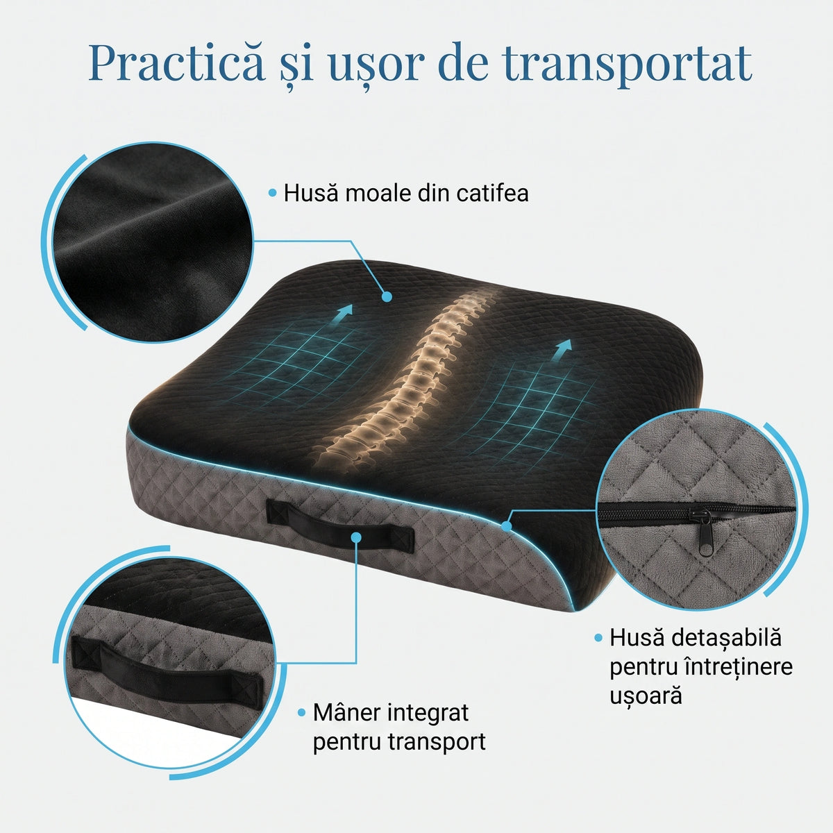 Perna ortopedica pentru sezut din spuma cu memorie cu doua straturi, husa de catifea, cu maner de transport, Negru/Gri – imaginea 2