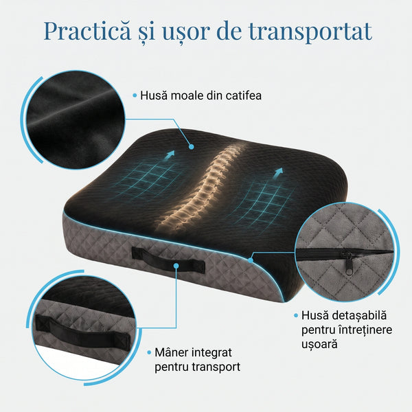 Perna ortopedica pentru sezut din spuma cu memorie cu doua straturi, husa de catifea, cu maner de transport, Negru/Gri – imaginea 2