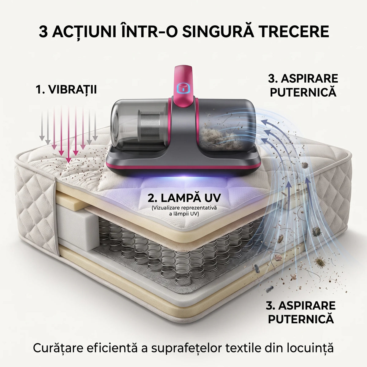 Aspirator antiacarieni wireless cu lampă UV și vibrații