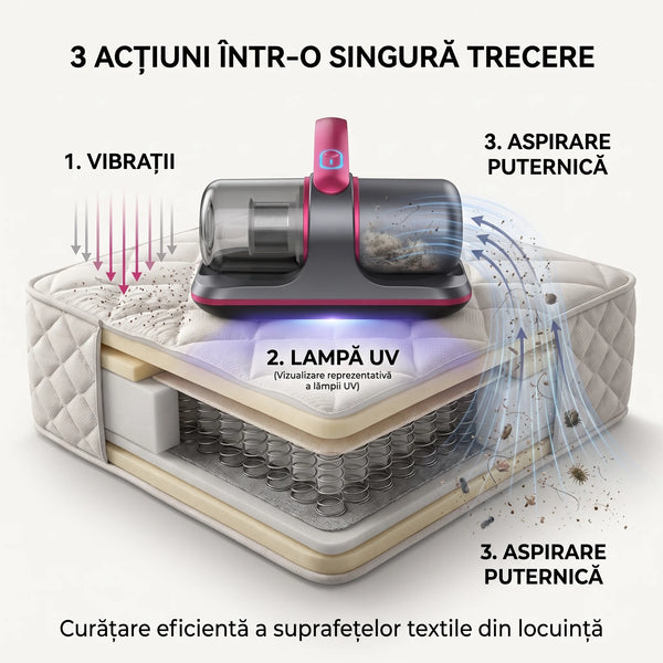 Aspirator antiacarieni wireless cu lampă UV și vibrații