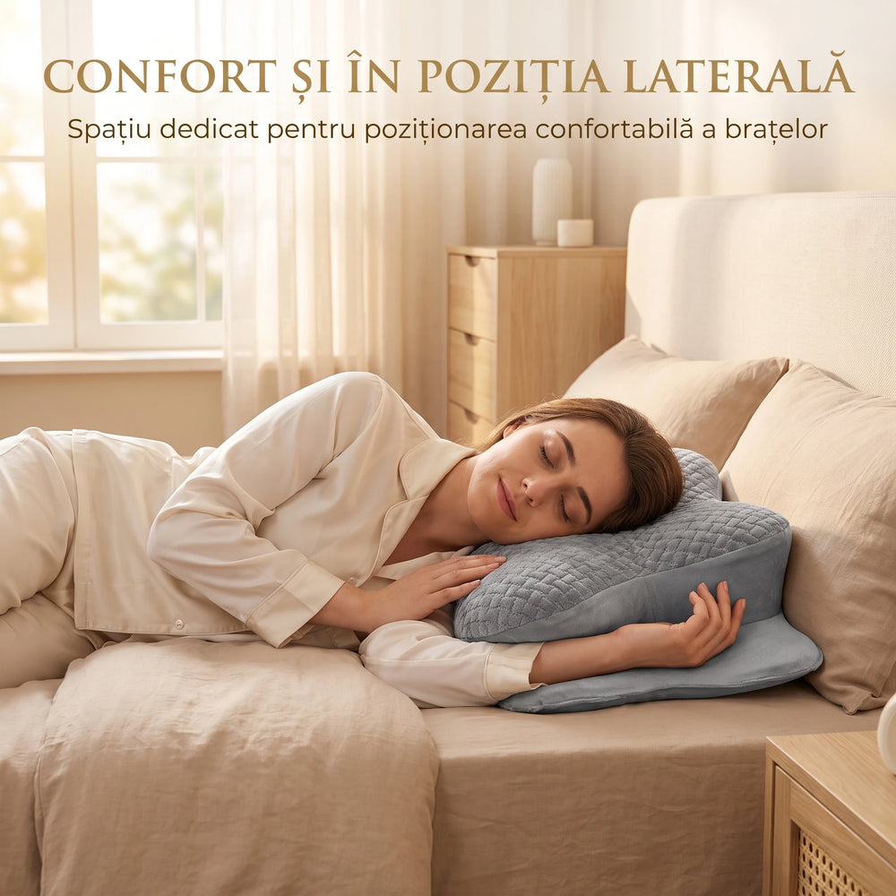 Perna cervicala ortopedica memory foam cu strat reglabil 2 cm, husa Tencel, Gri