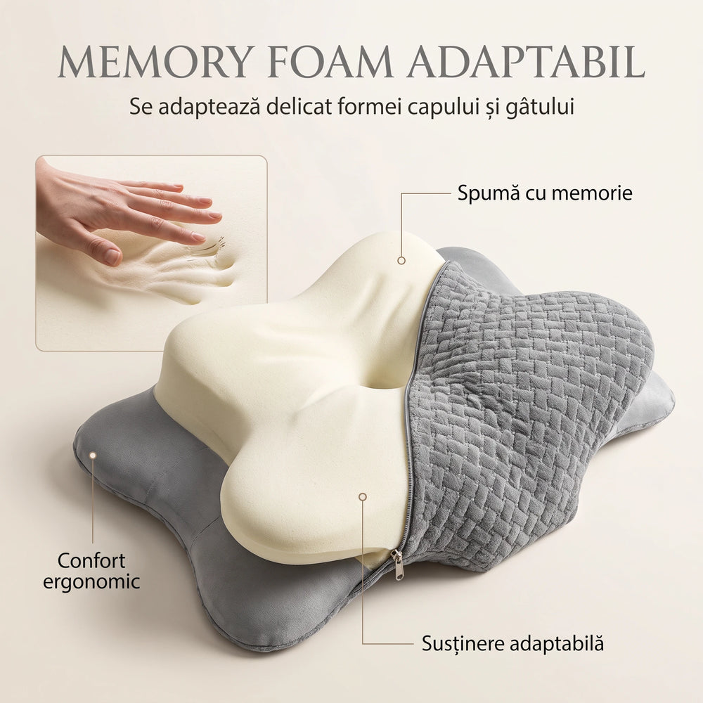 Perna cervicala ortopedica memory foam cu strat reglabil 2 cm, husa Tencel, Gri
