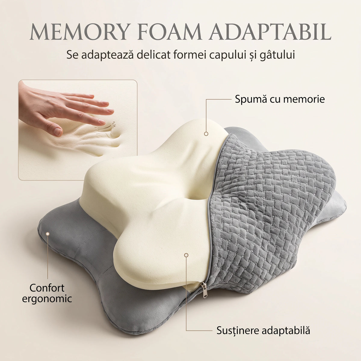 Perna cervicala ortopedica memory foam cu strat reglabil 2 cm, husa Tencel, Gri
