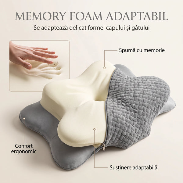 Perna cervicala ortopedica memory foam cu strat reglabil 2 cm, husa Tencel, Gri