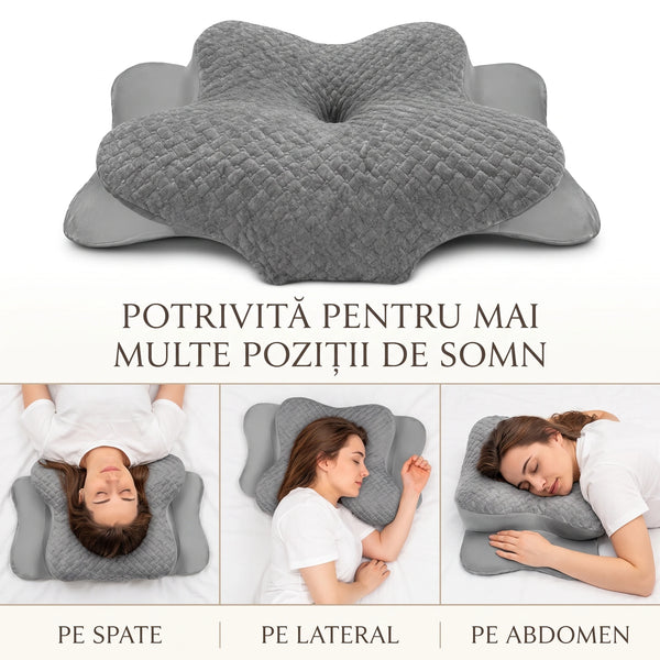 Perna cervicala ortopedica memory foam cu strat reglabil 2 cm, husa Tencel, Gri