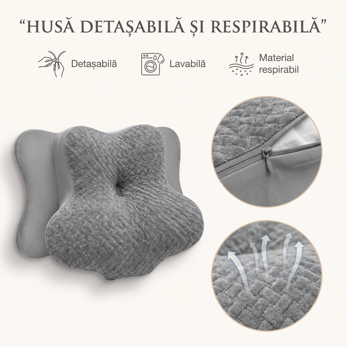 Perna cervicala ortopedica memory foam cu strat reglabil 2 cm, husa Tencel, Gri