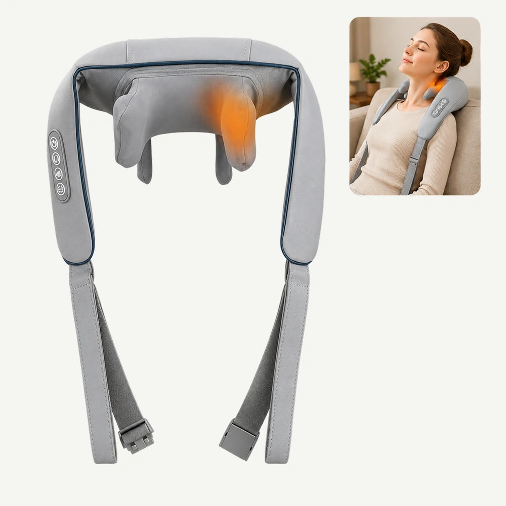 Aparat masaj Shiatsu cervical, umeri si spate, cap 6D, wireless cu incalzire, Gri