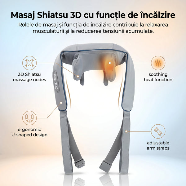 Aparat masaj Shiatsu cervical, umeri si spate, cap 6D, wireless cu incalzire, Gri – imaginea 7