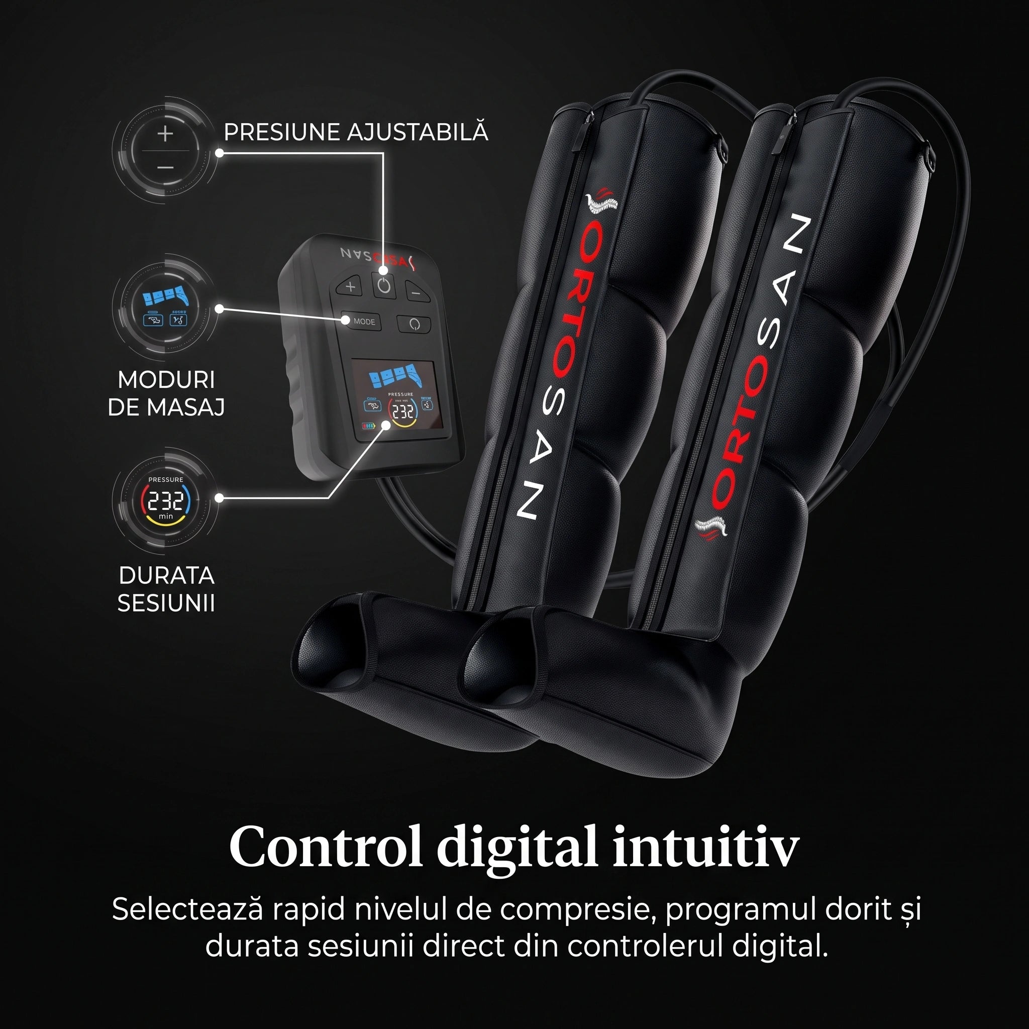 Aparat masaj picioare compresie aer 360° ORTOSAN, 5 programe, wireless, Negru – imaginea 5