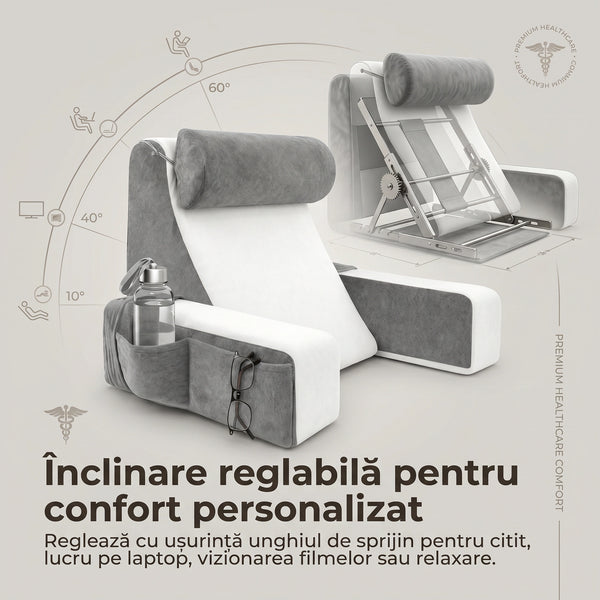 Perna suport spate multifunctionala 45° pentru citit/TV, tetiera si cotiere detasabile, Alb/Gri – imaginea 5